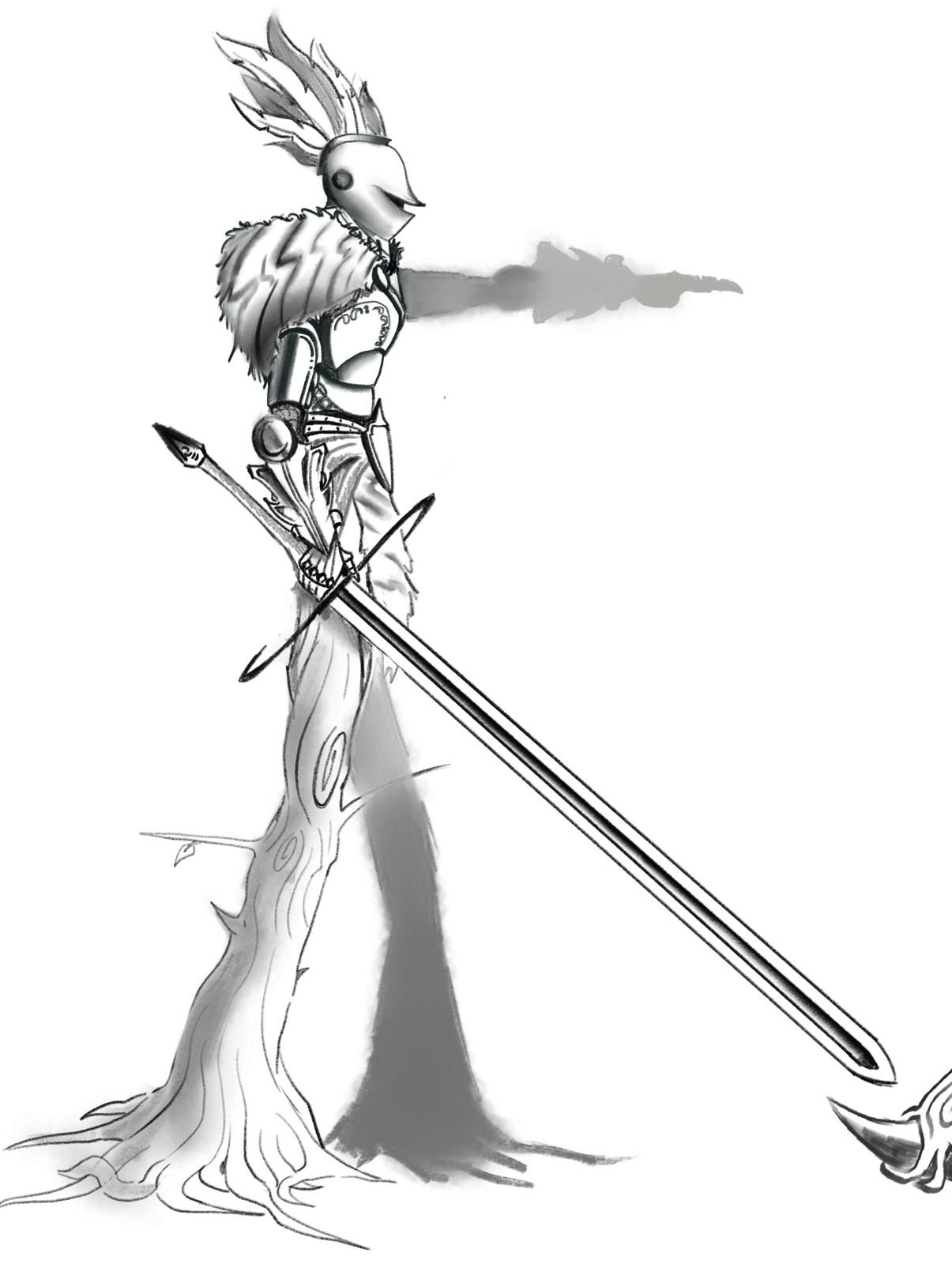 The Antlered, pose 1: tree-rooted figure pointing a long sword