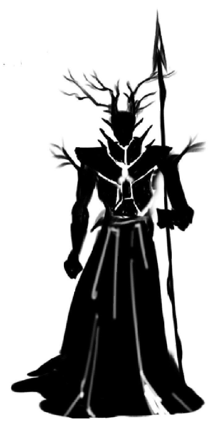 Antlered robed silhouette with a spear