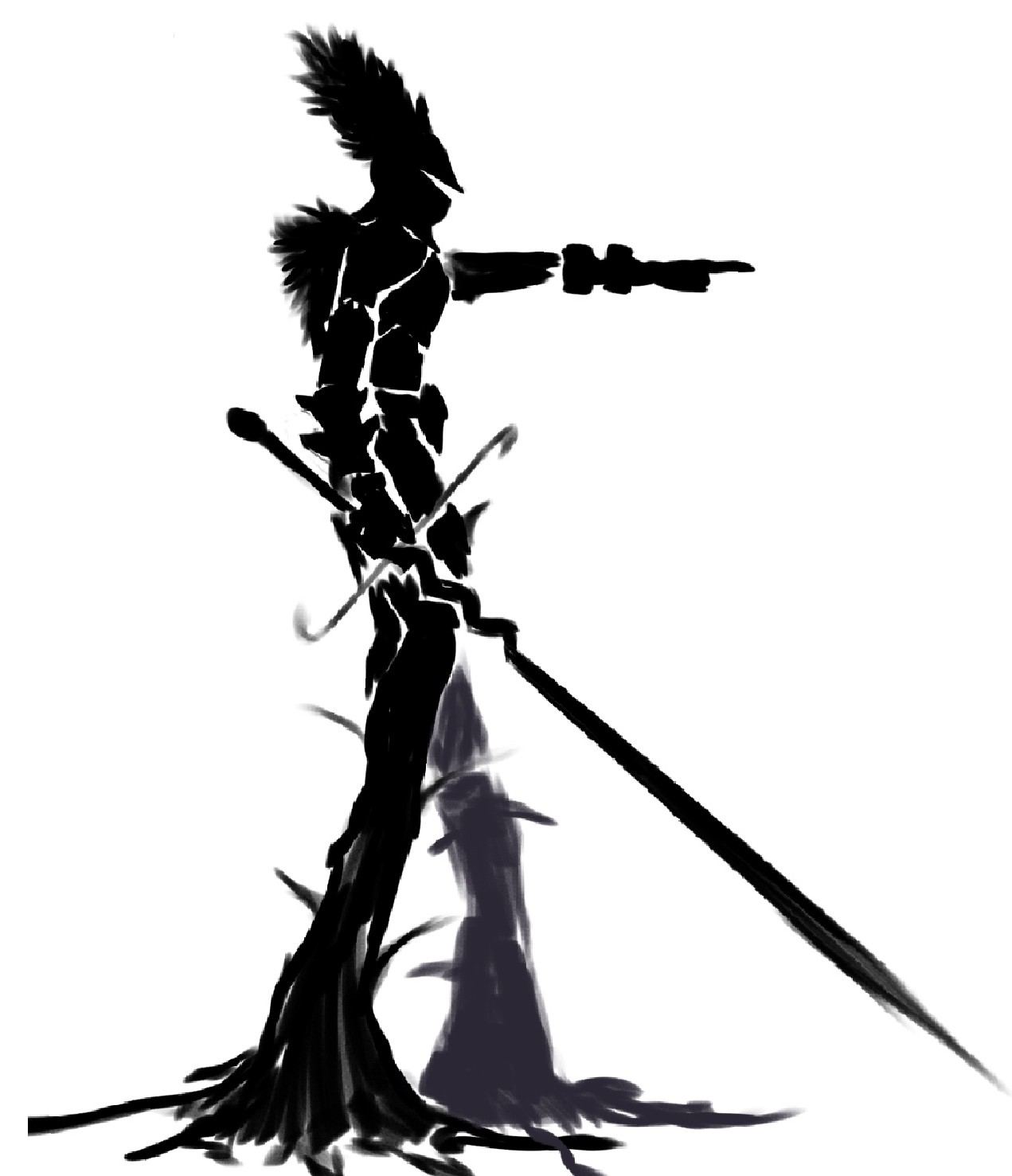 Tree-rooted silhouette pointing with a sword