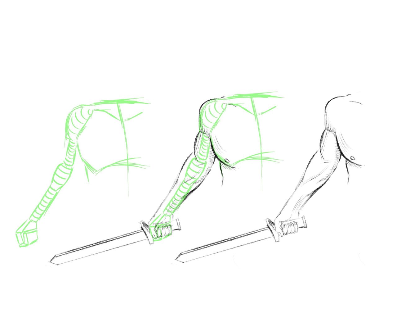 Arm construction study gripping a sword, in three stages