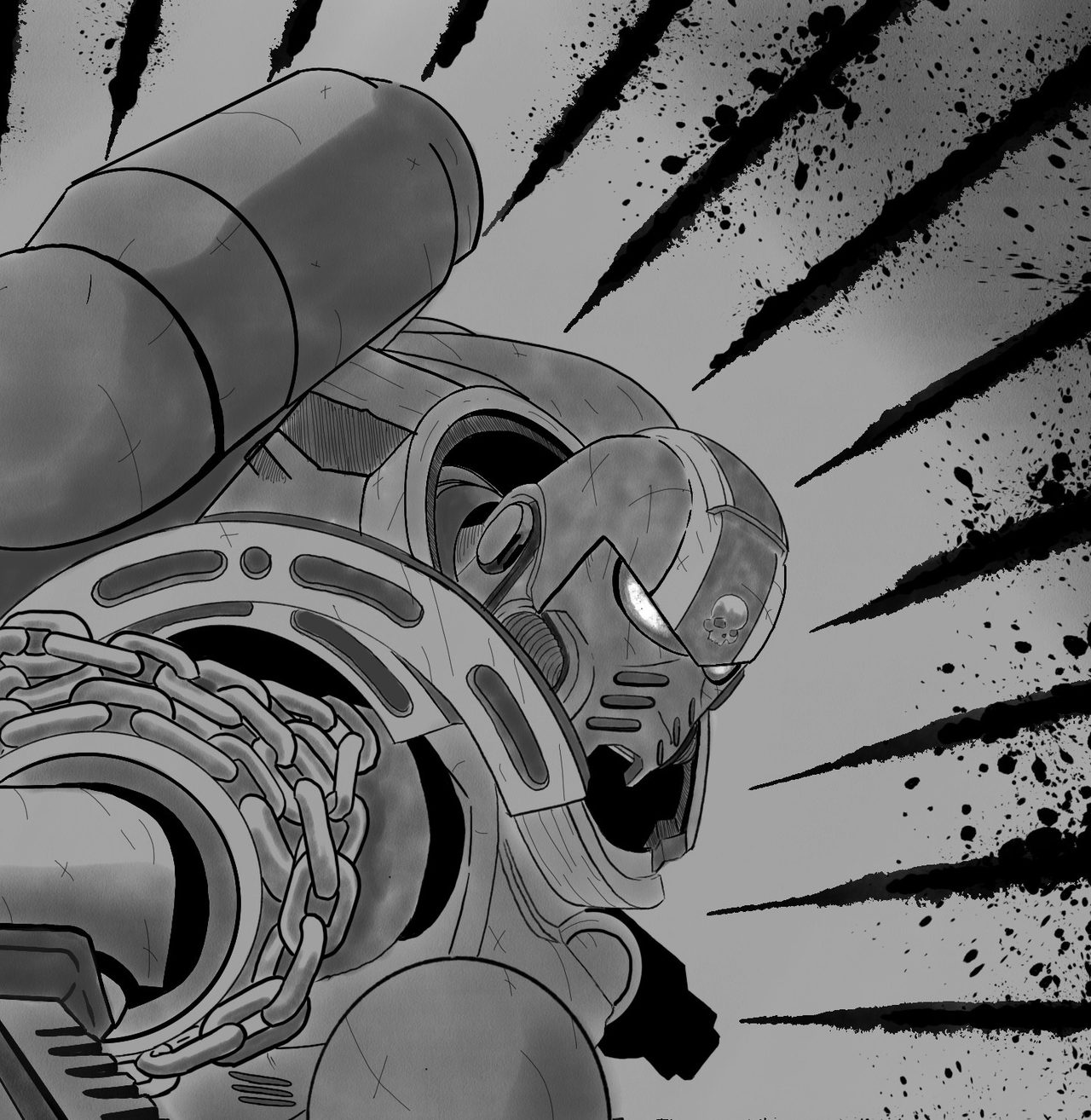 Detail: the mech's helmeted head and chain armor