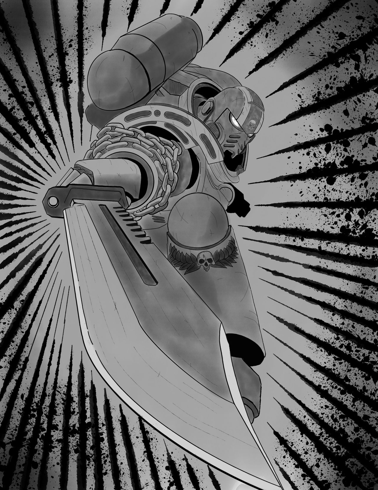 A grayscale armored mech lunging with a giant blade over black speed lines