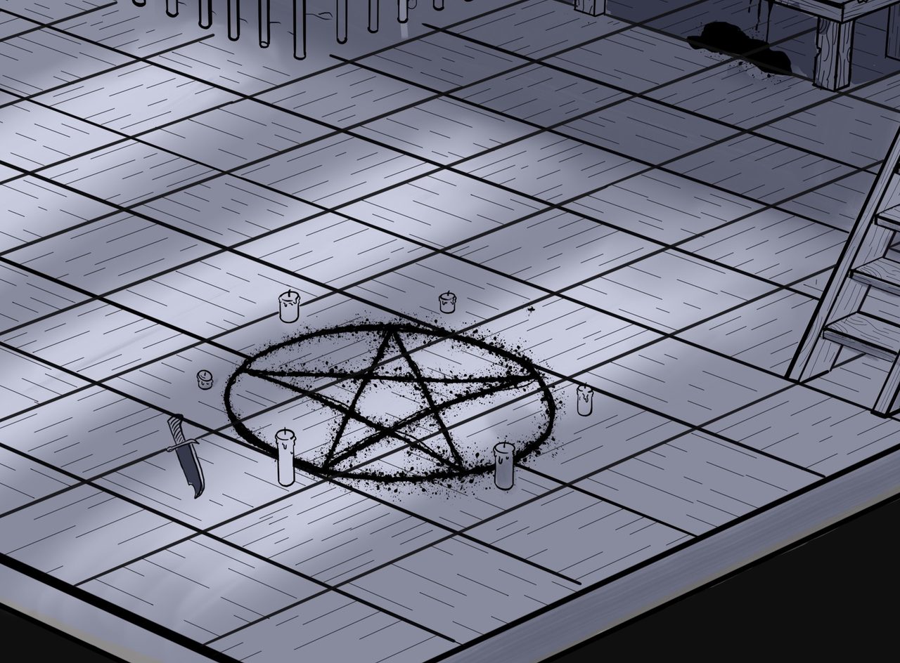 Detail: a pentagram sigil drawn on the chapel's tiled floor
