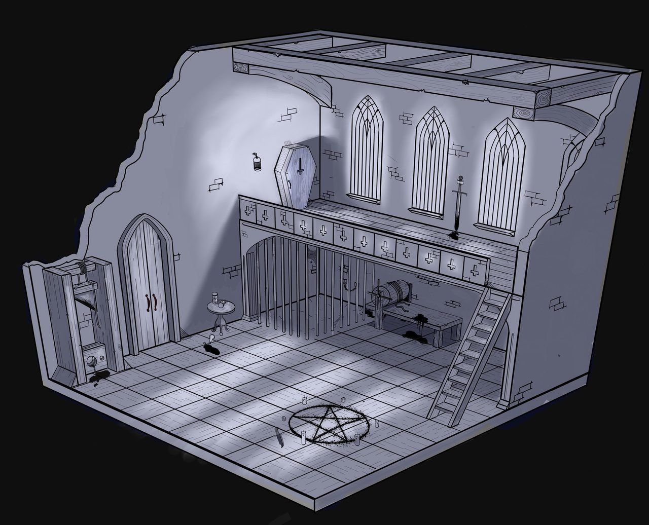 Environment concept: a ruined gothic chapel shown as a cutaway, with lancet windows, a loft of shelves, a ladder, and a pentagram on the tiled floor