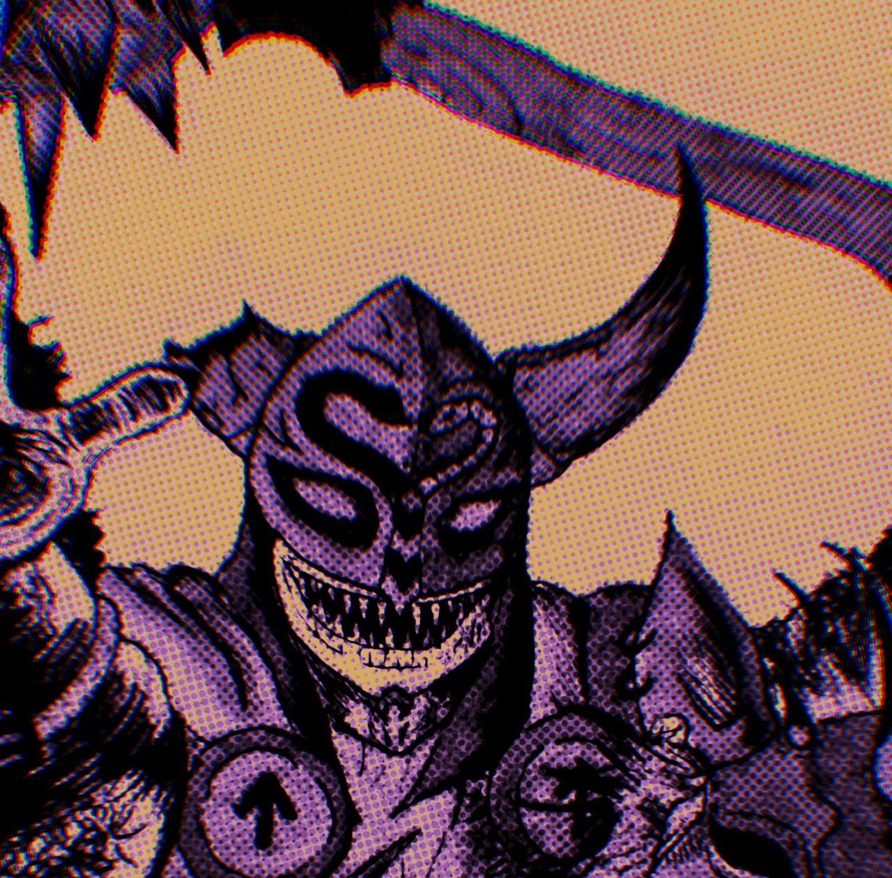 Detail: the demon knight's grinning helm and curved horn