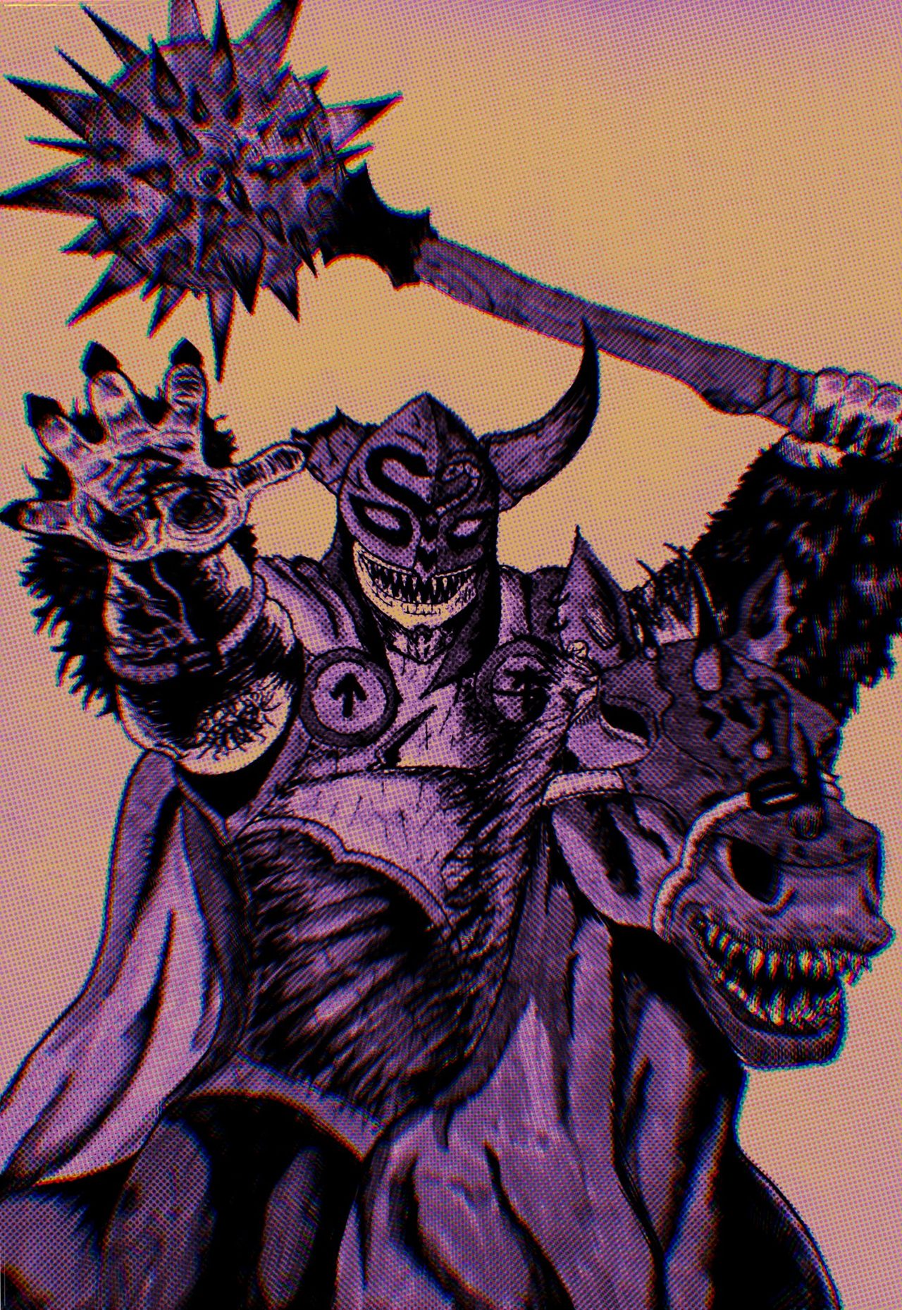 A horned demon knight swinging a spiked mace, riding a snarling beast, in violet and peach halftone