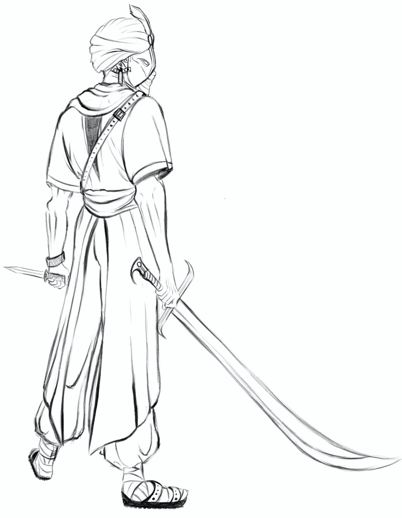 Line drawing of a turbaned swordsman in loose robes with a long curved blade
