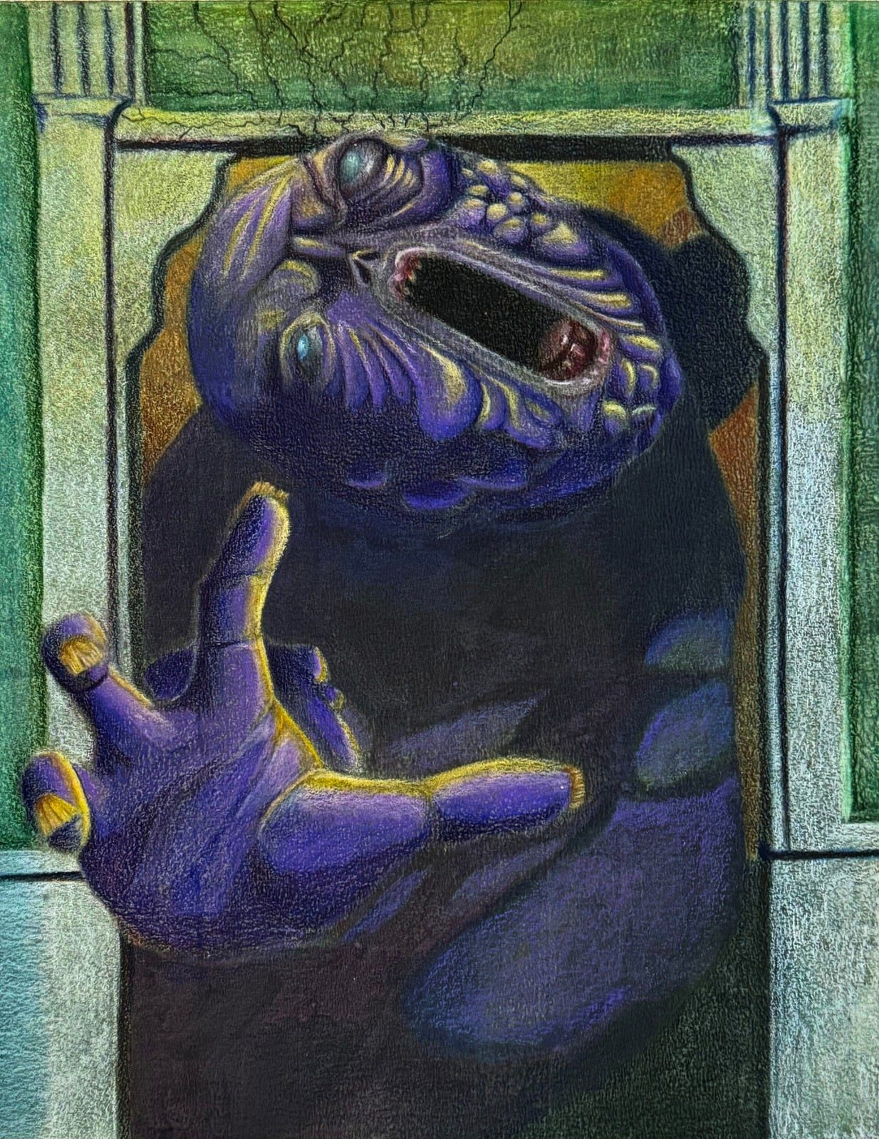 A purple creature with a gaping mouth reaching through a green doorway