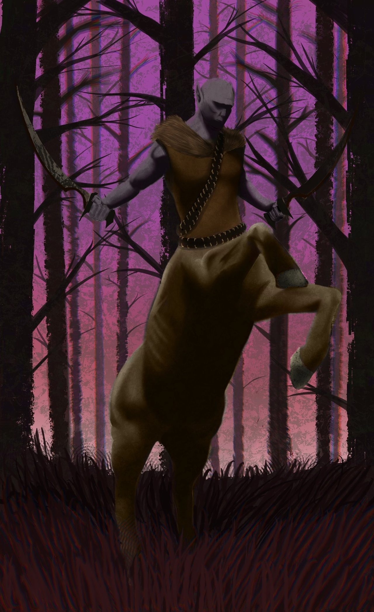 A pale centaur archer drawing a bow in a violet forest