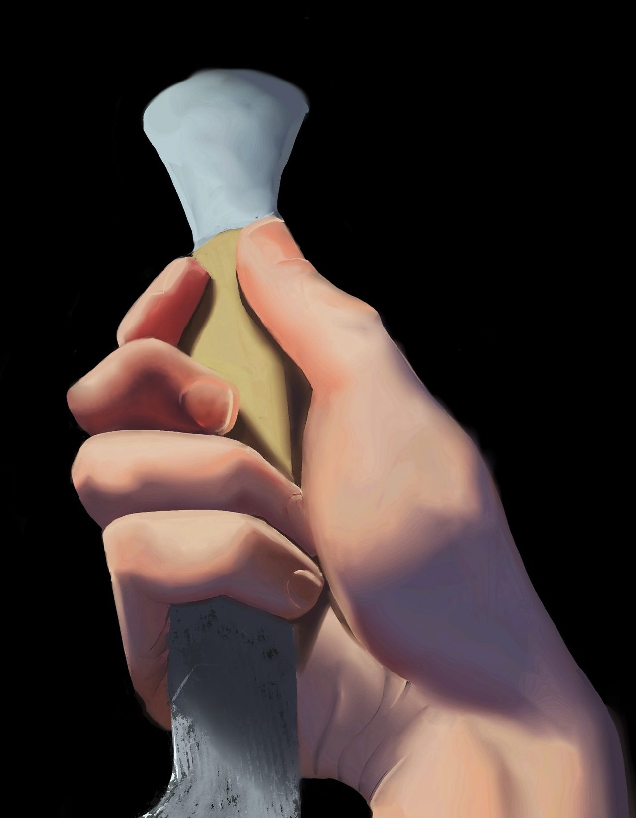 Painted study of a hand gripping a worn dagger