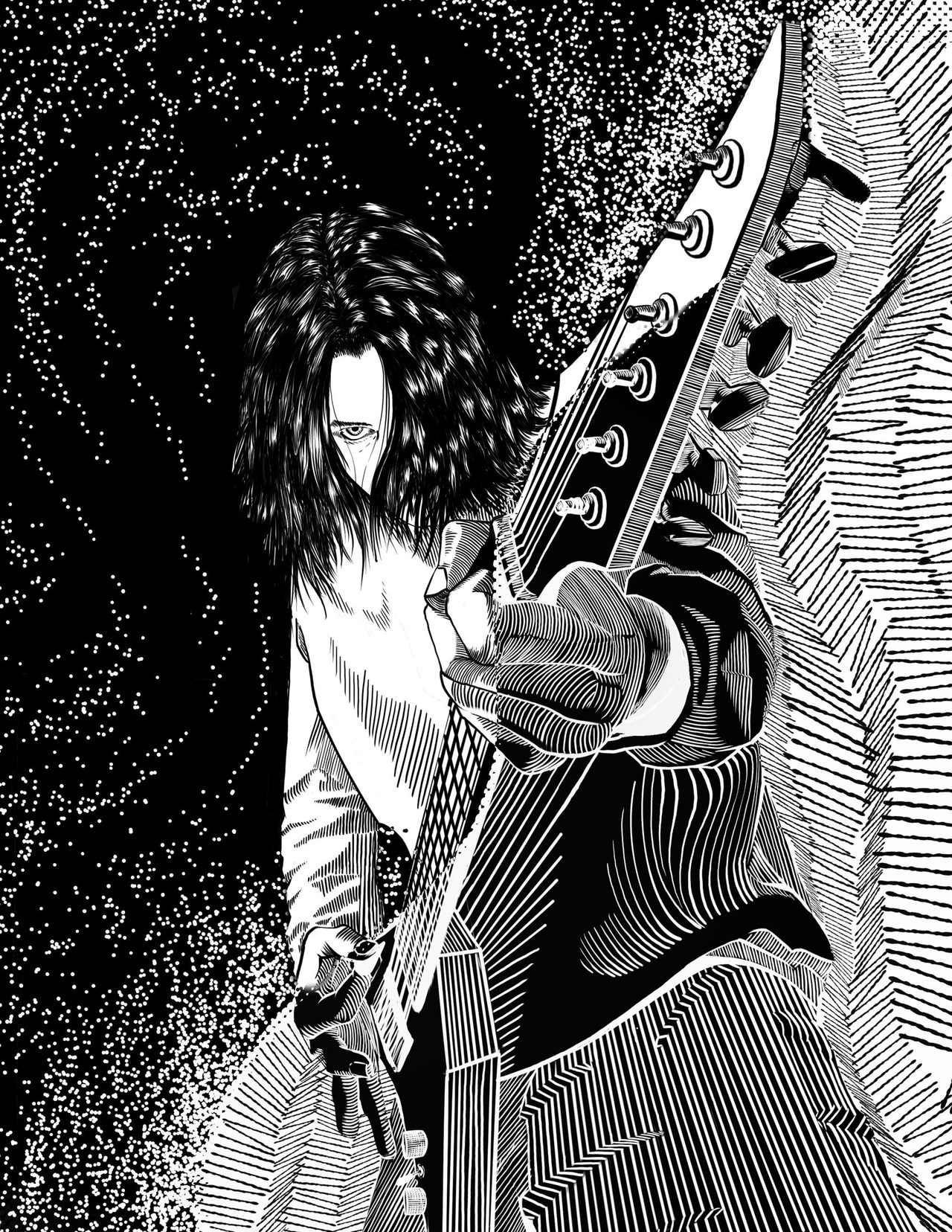 Black-and-white digital painting of a long-haired guitarist in a storm of line work