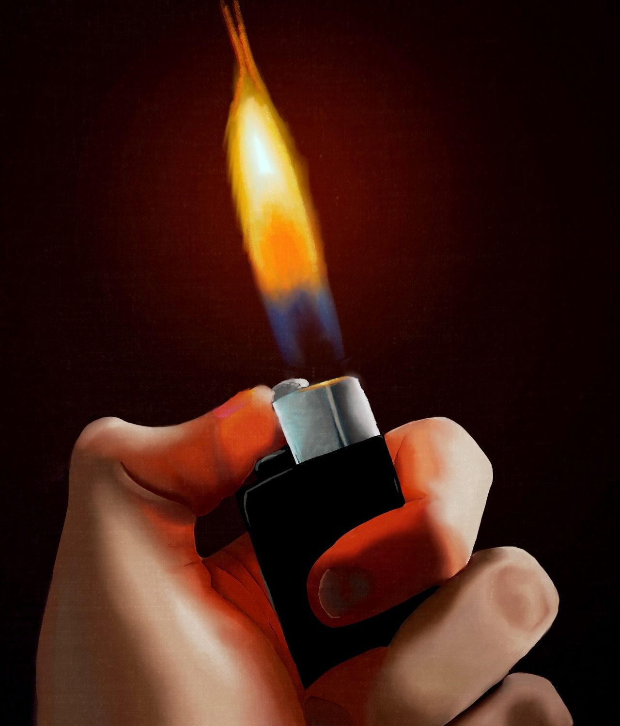Painted study of a fist gripping a lit lighter, the flame glowing against black