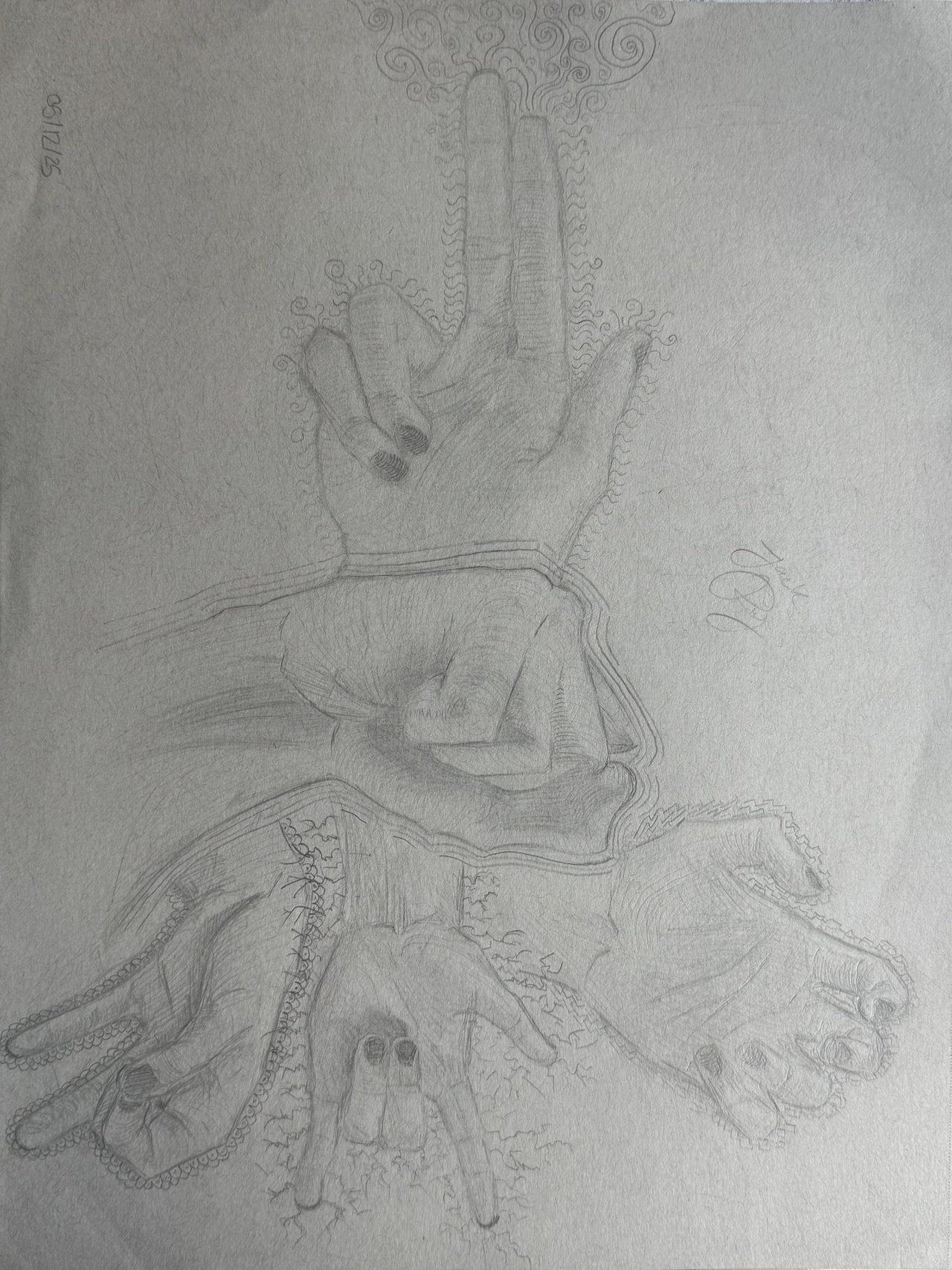 Light pencil sketch page of hands in several gestures