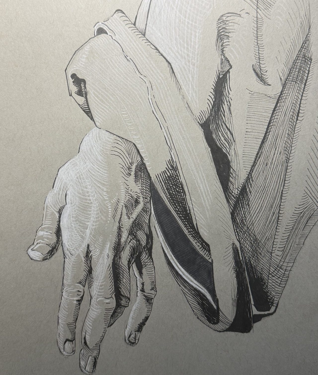 Ink and charcoal study of two hands and a draped sleeve
