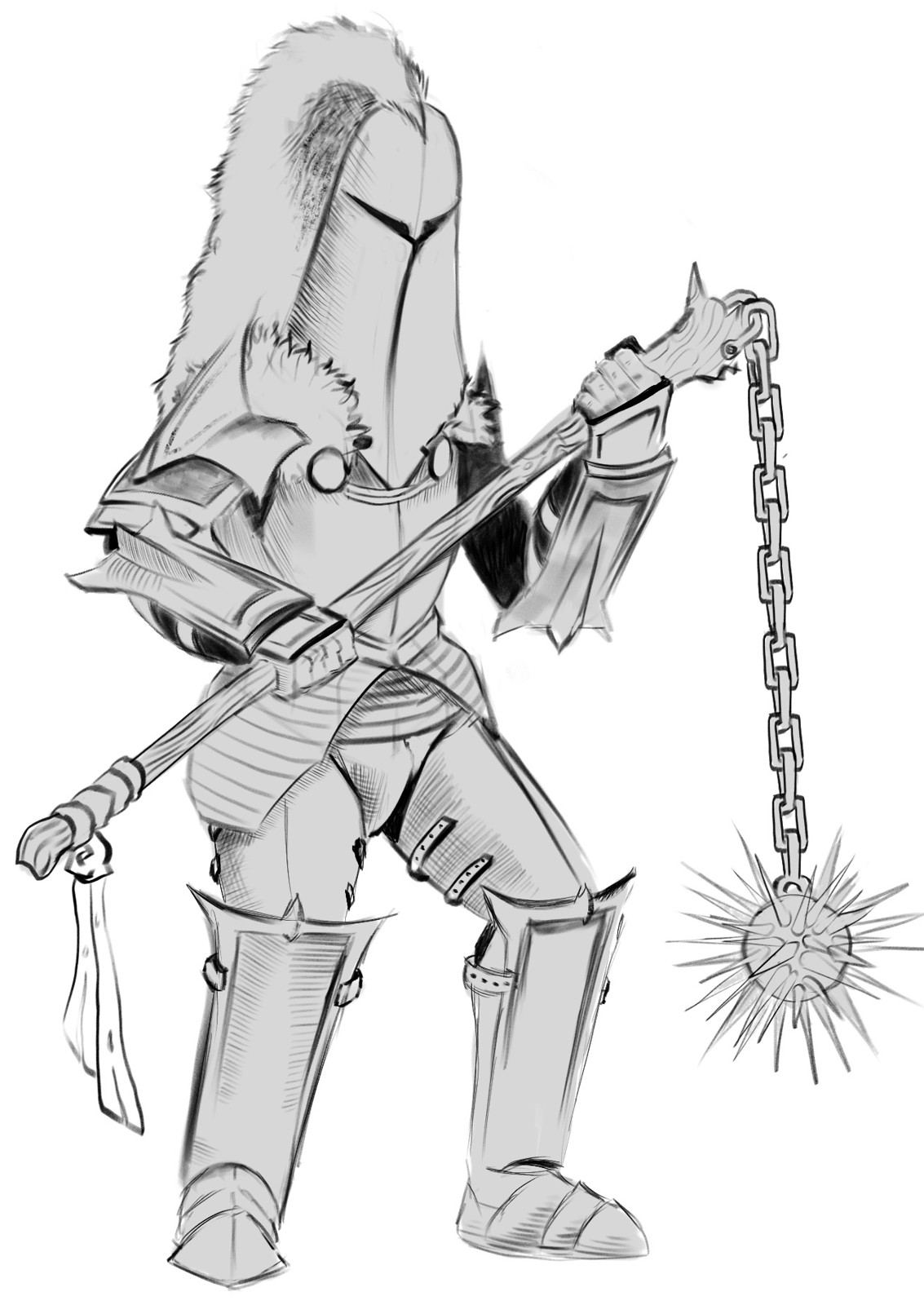 The Knight, pose 2: helmeted knight swinging a flail