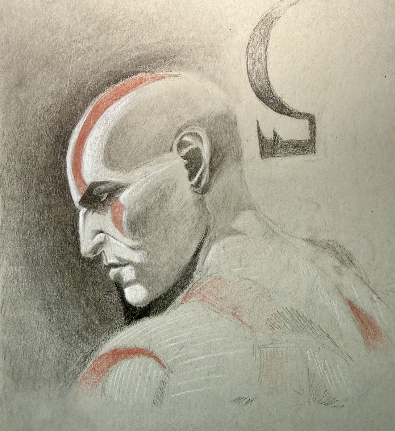 Colored-pencil profile study of Kratos with his red tattoo