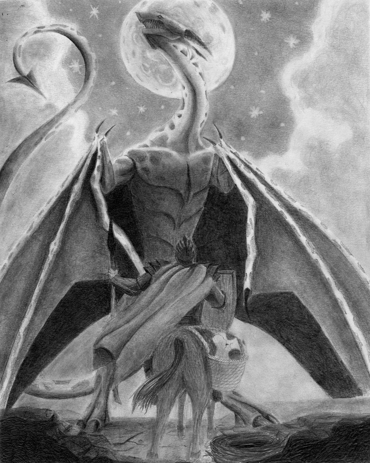 Graphite drawing of a winged dragon figure under a full moon