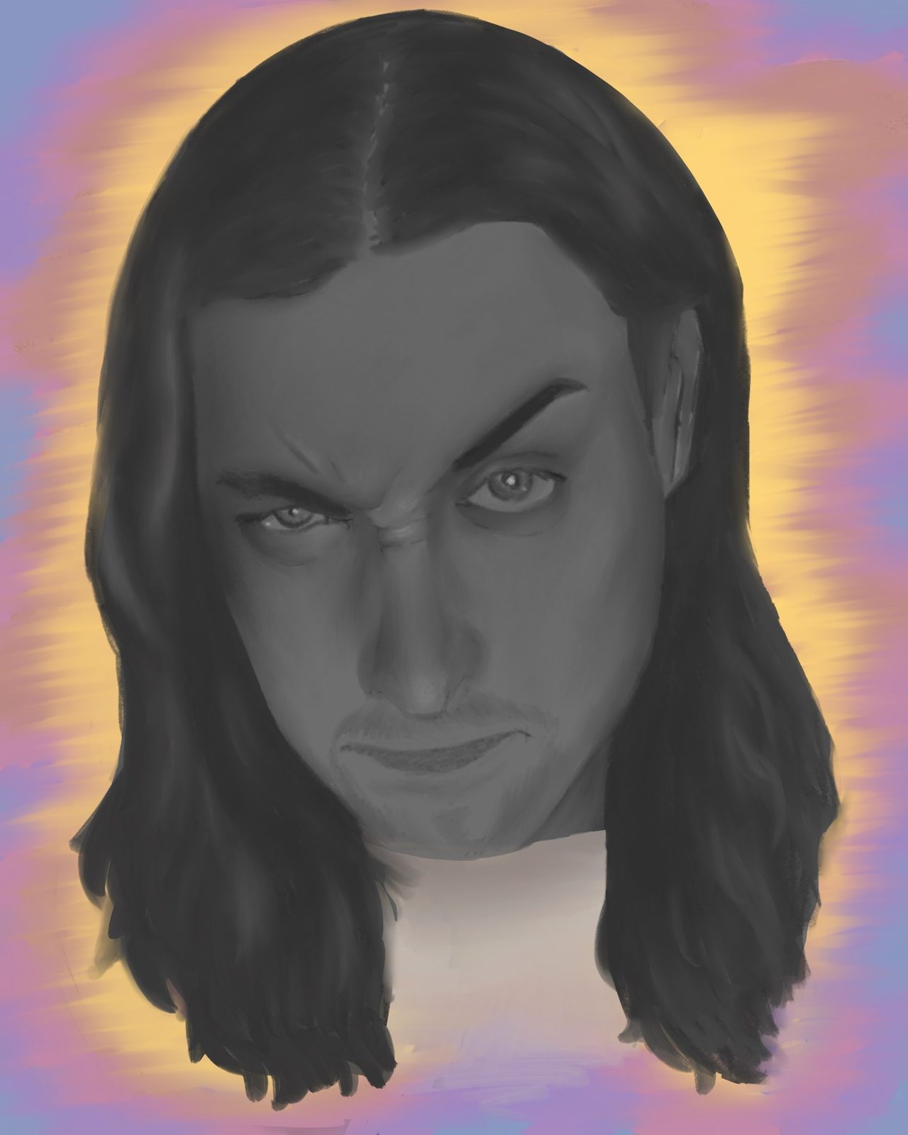Digital portrait of a scowling long-haired young man against a warm violet ground