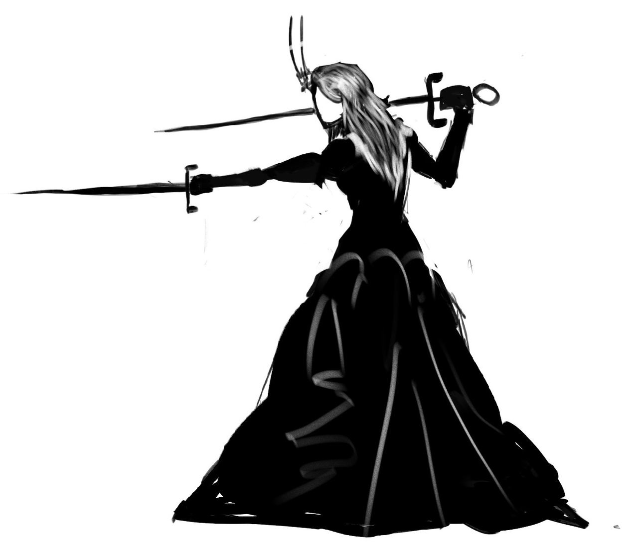 Silhouette: gowned, thrusting a sword