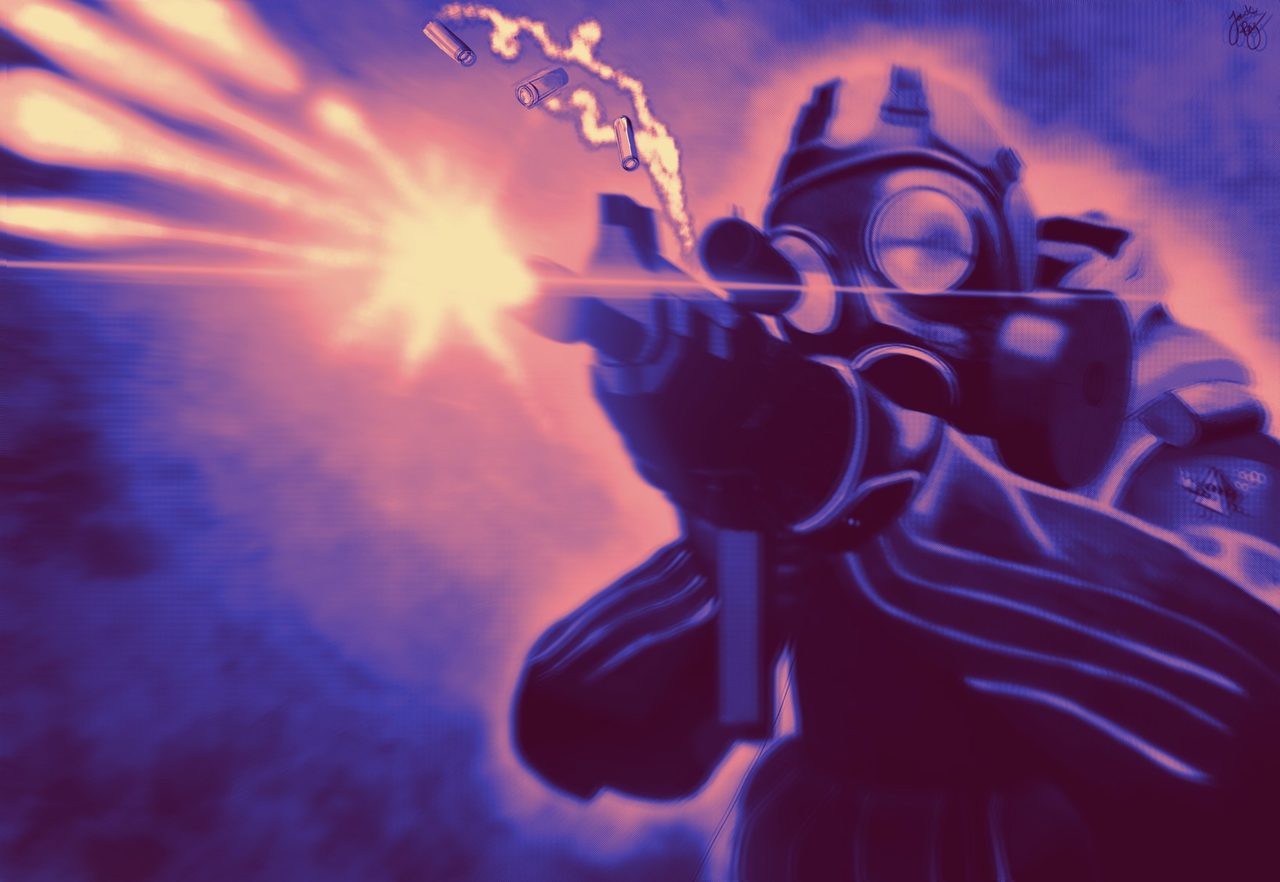 A soldier in a gas mask firing a rifle, lit by a burst of orange muzzle flash against a violet sky