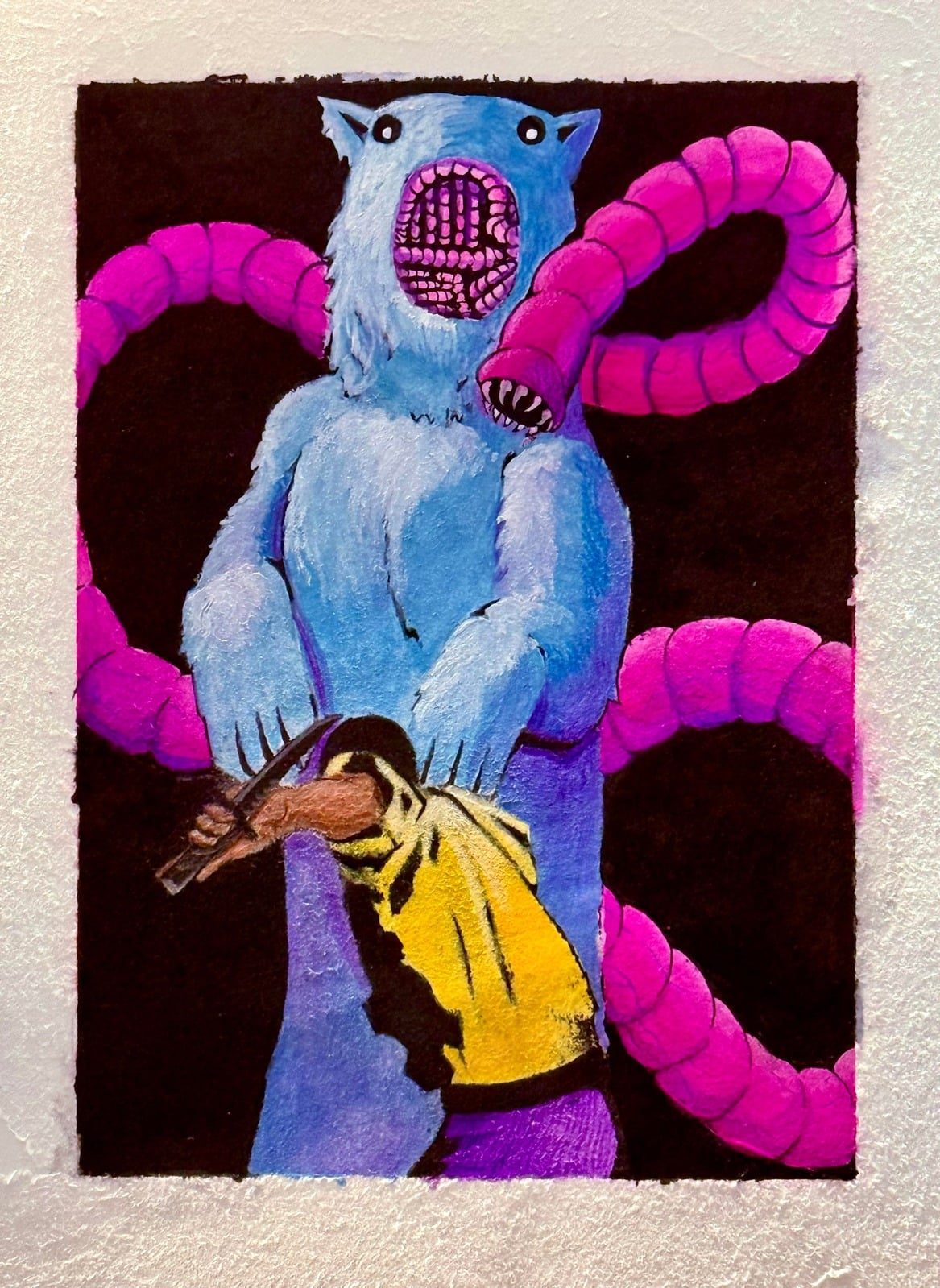 A blue bear-like creature with a toothed mouth, wrapped in pink tentacles
