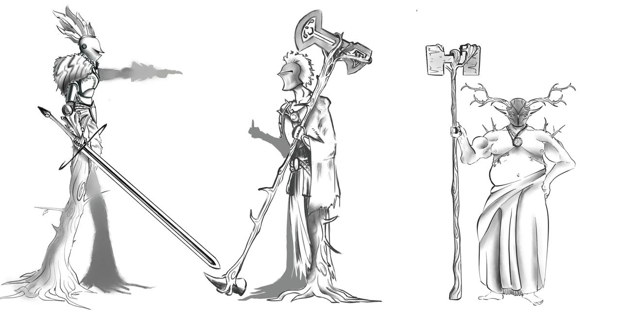 Character sheet: the antlered figure in three poses