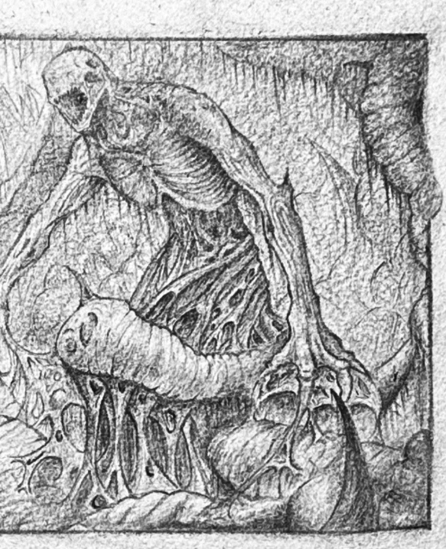Detail: a skeletal creature looming in the graphite cavern