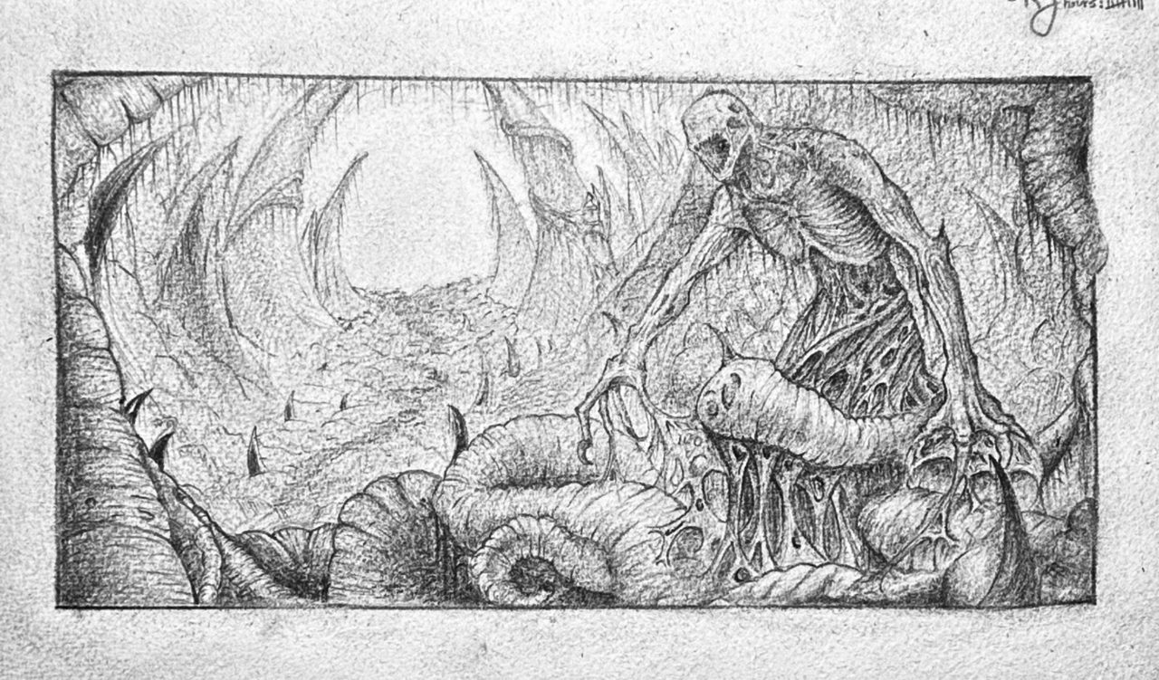 Graphite drawing of a vast cavern of ribbed rock and tendrils, with a skeletal creature on the right