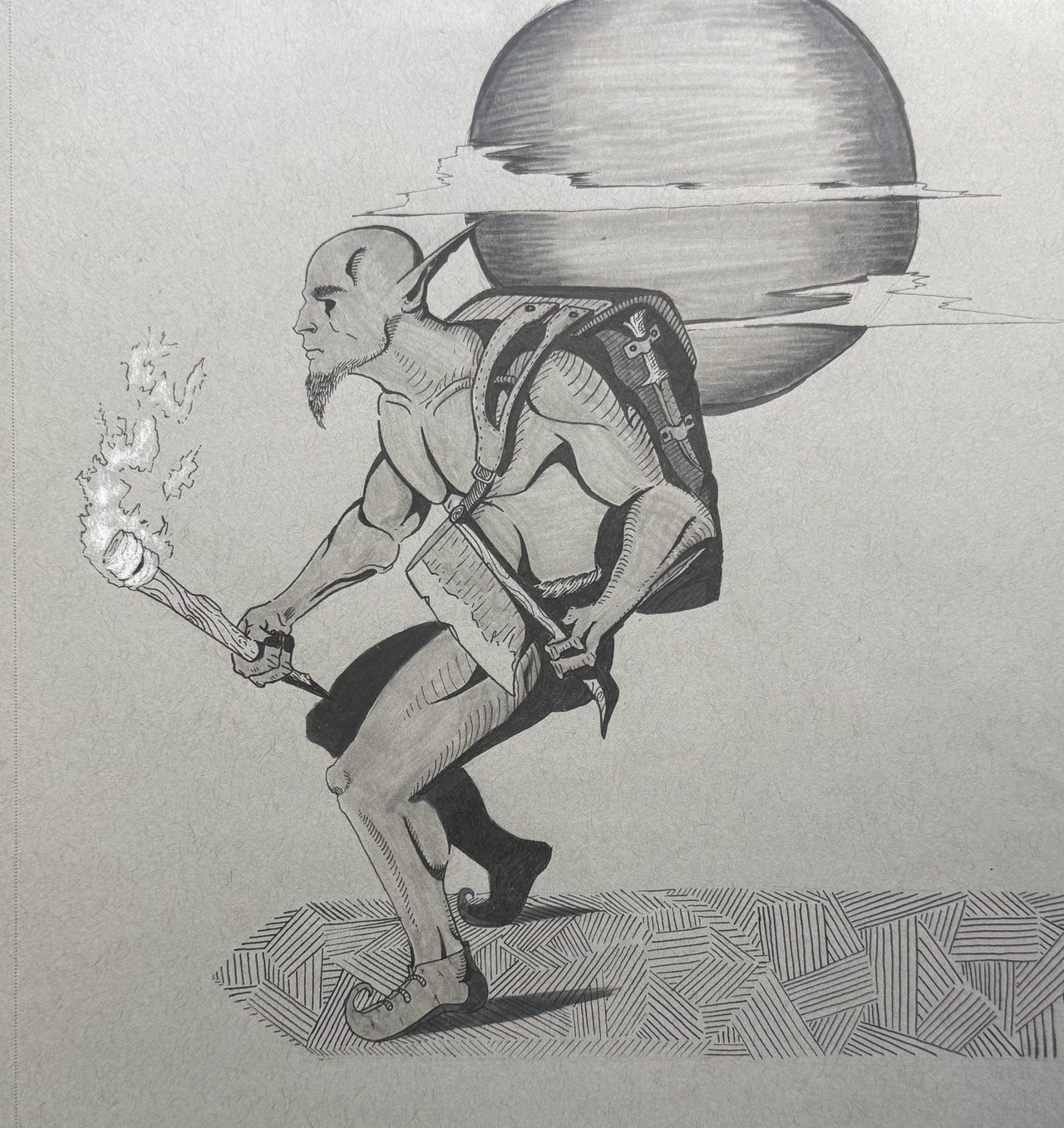 Graphite drawing of a crouching figure carrying a planet-like sphere on its back