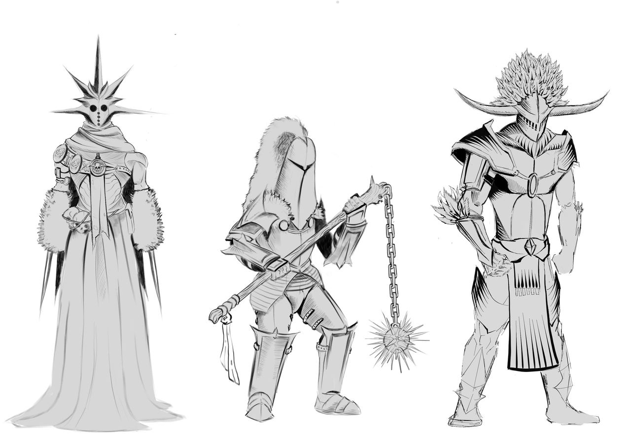 The Knight: full character sheet, three poses