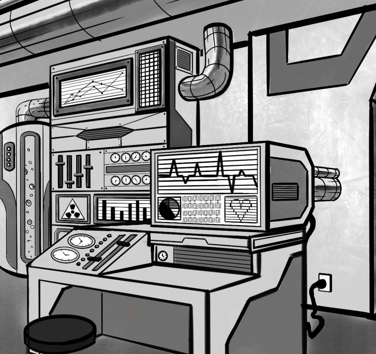 Detail: the lab's control console with gauges and monitors