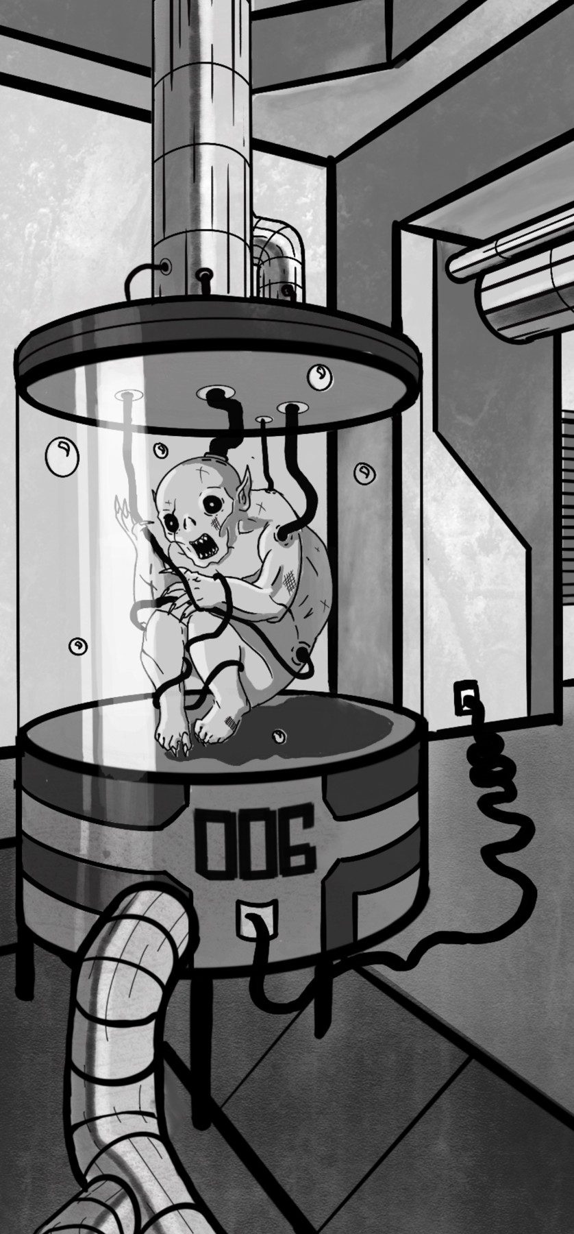 Detail: a creature floating in the lab's specimen tank