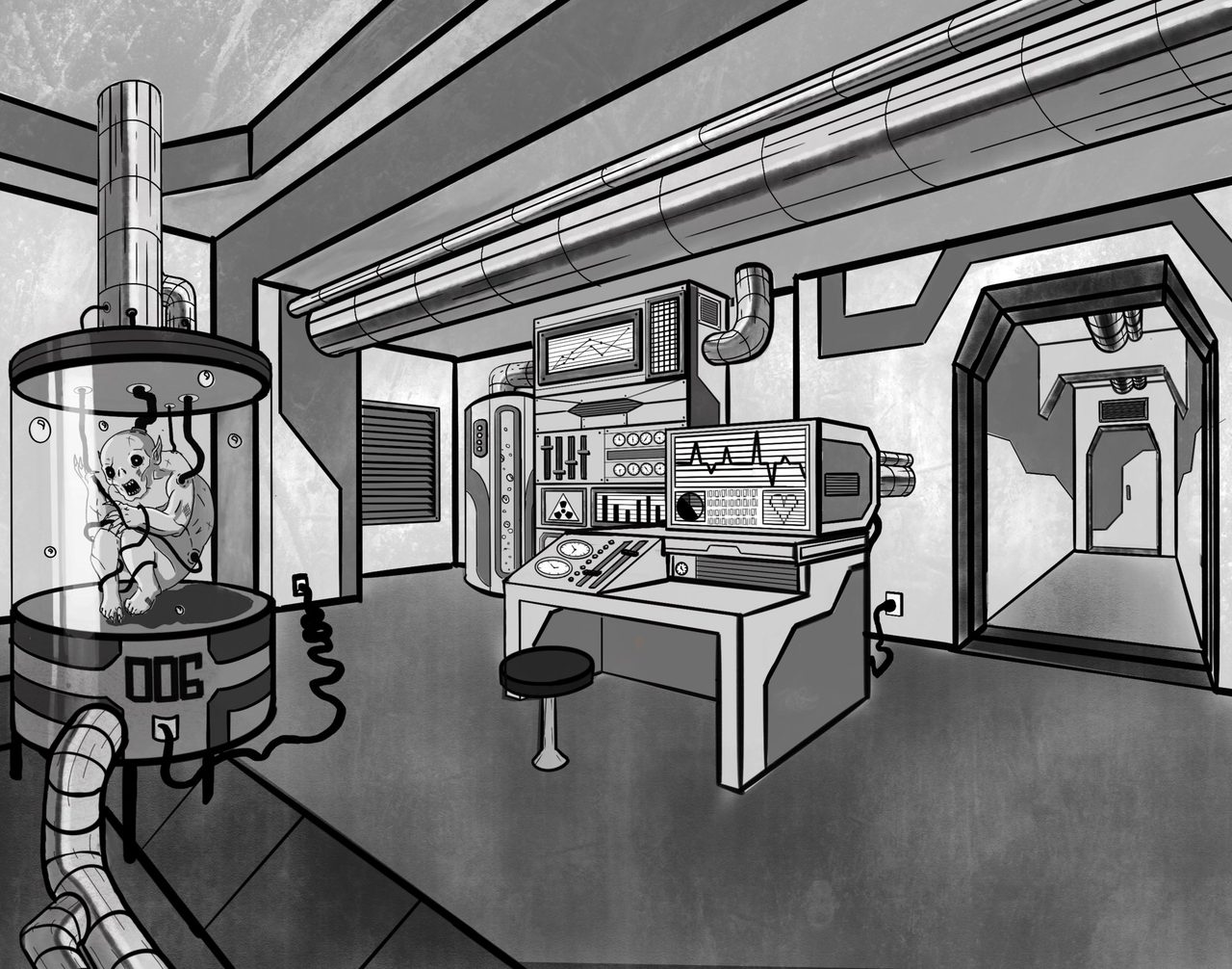 Environment concept: a retro sci-fi laboratory with a specimen tank, a control console, and a corridor through a bulkhead door