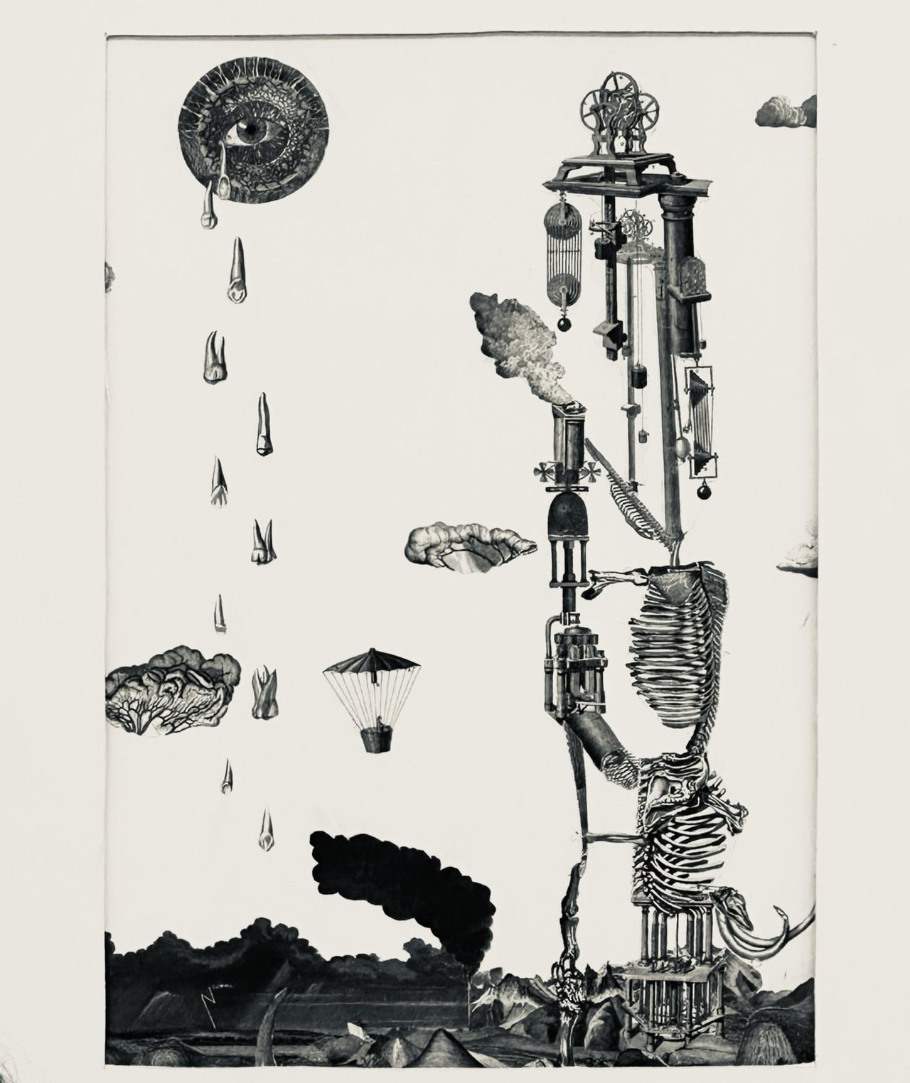 Surreal ink drawing of a skeletal machine tower, a weeping eye clock, and falling teeth