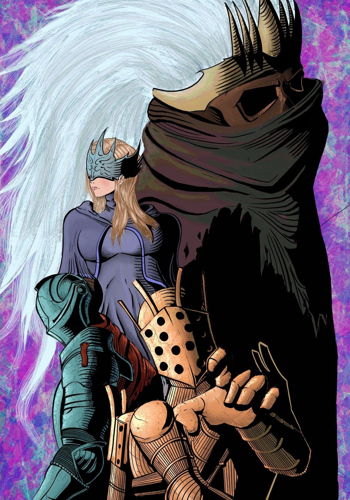 Digital painting of a group of masked, armored characters against a purple background