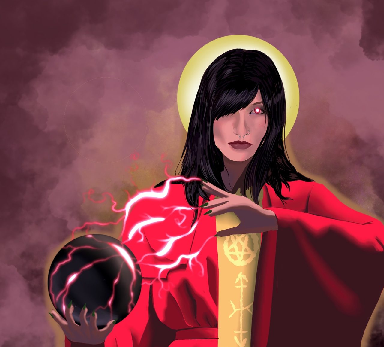 Detail: the sorceress's face, halo, and the lightning around her orb