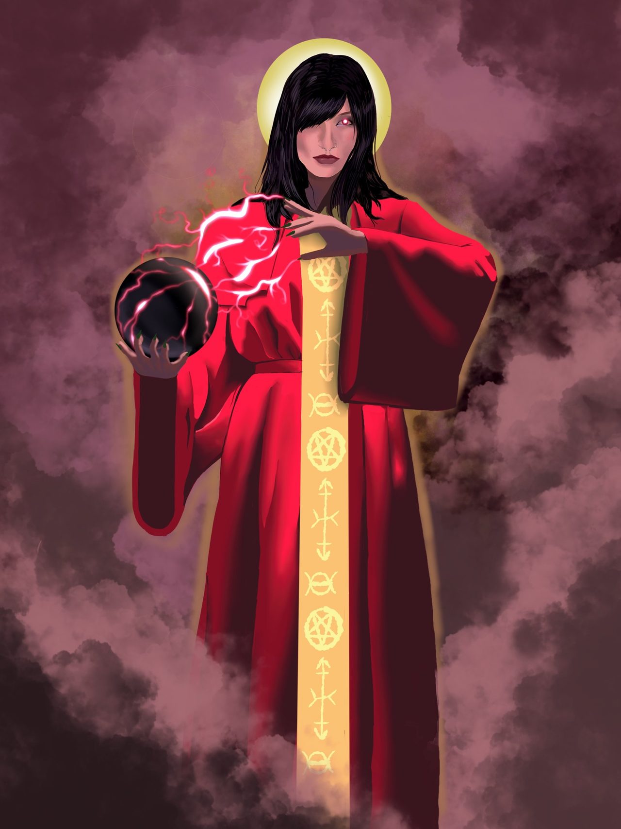 A red-robed sorceress with a golden halo, lightning crackling from her hand to a dark orb