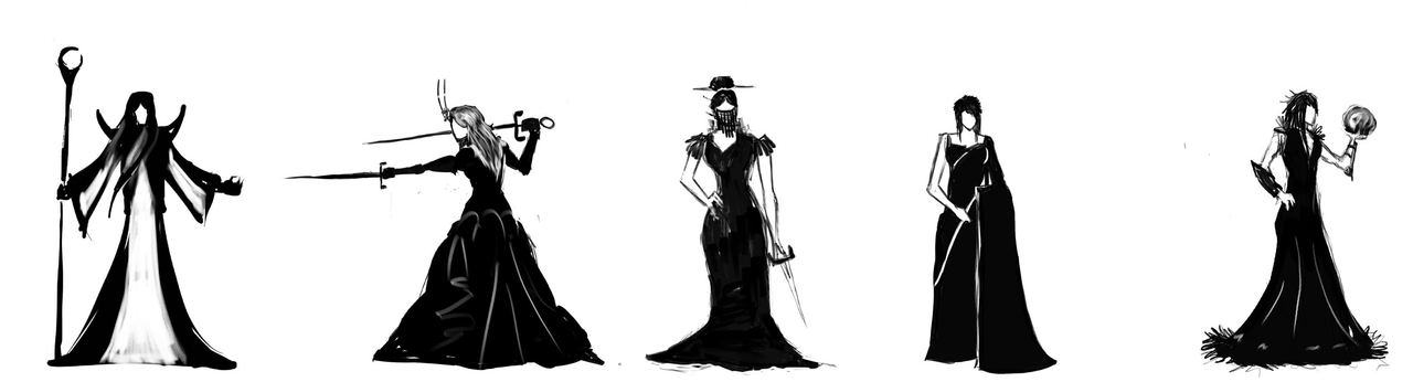 The sorceress sheet's five silhouette studies