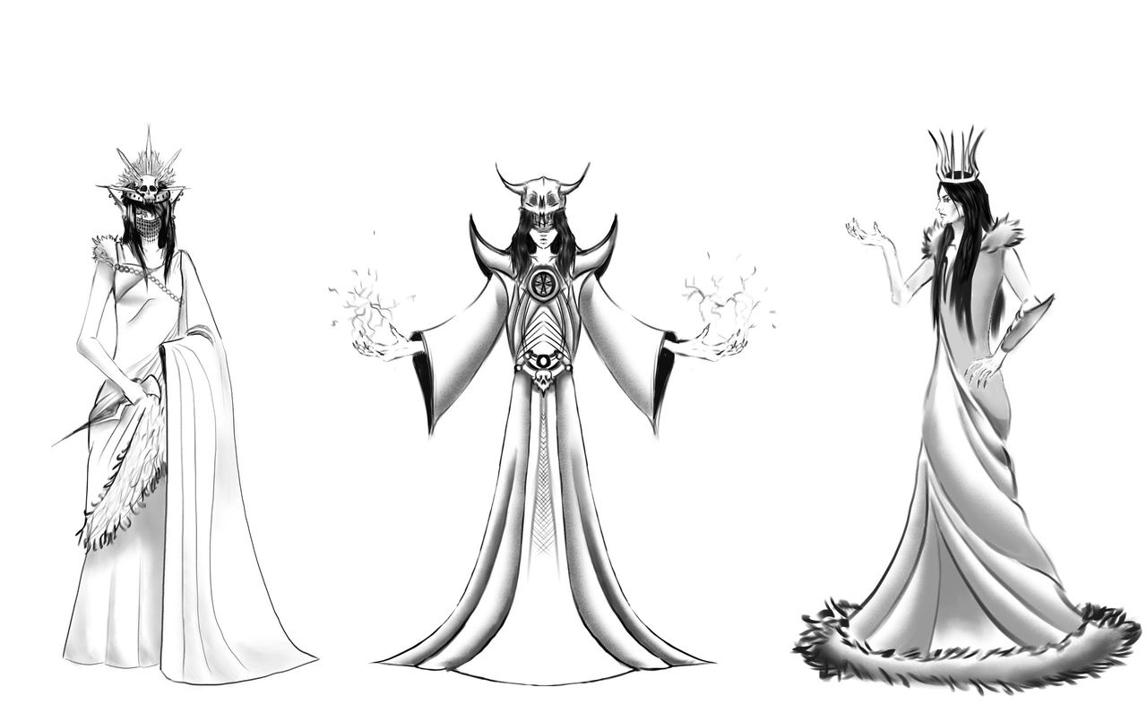 The Sorceress: full character sheet, three poses