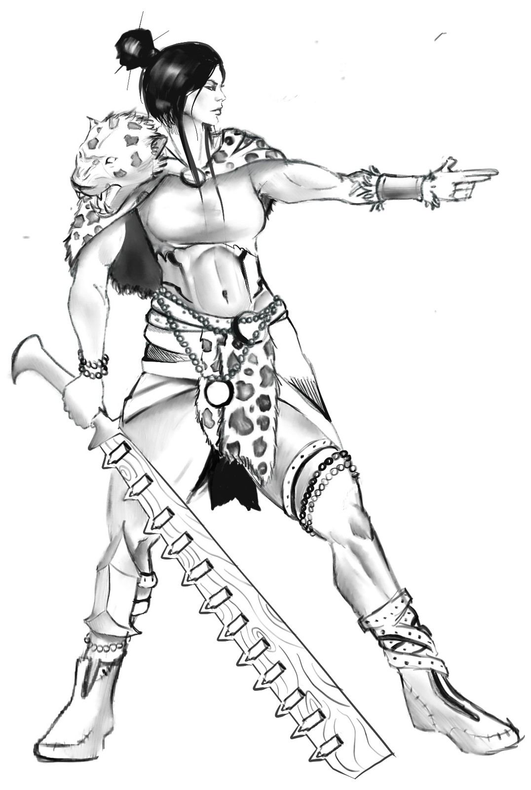 The Warrior, pose 2: pointing forward, a saw-toothed blade at her side
